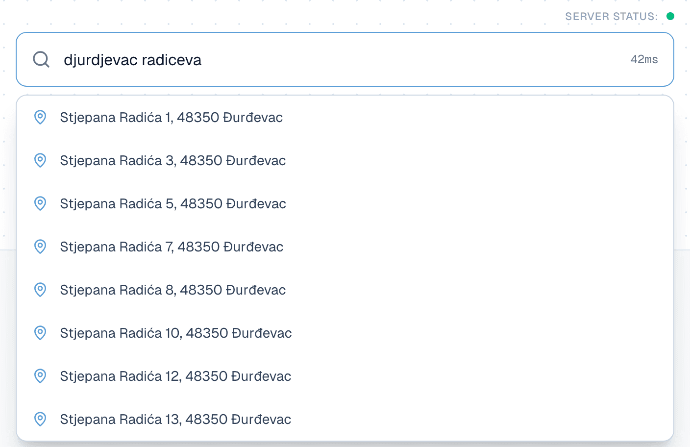 Libar API demo: query “djurdjevac radiceva” returns Stjepana Radića addresses in 48350 Đurđevac