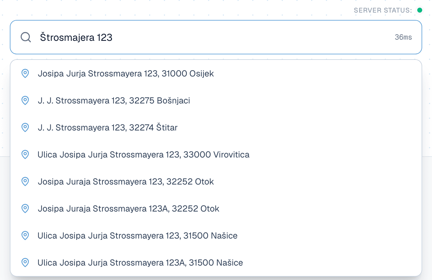 Libar API demo: query “Štrosmajera 123” returns Josipa Jurja Strossmayera 123, 31000 Osijek and other matches in 37 ms