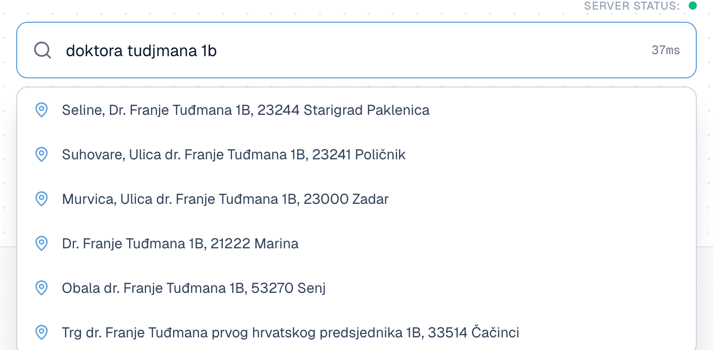 Libar API demo: query “doktora tudjmana 1b” returns Dr. Franje Tuđmana 1B in several towns