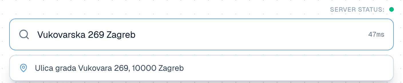 Libar API demo: query “Vukovarska 269 Zagreb” returns Ulica grada Vukovara 269, 10000 Zagreb